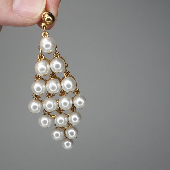 Vintage Gold & Pearl Chandelier Earrings - Picture 7 of 8